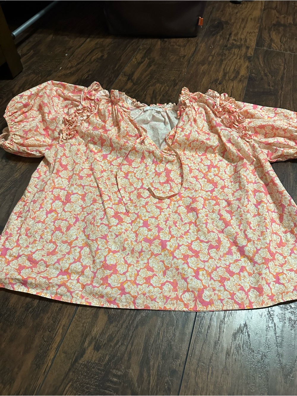 Floral Puff-Sleeve Peasant Blouse in Coral and Cream